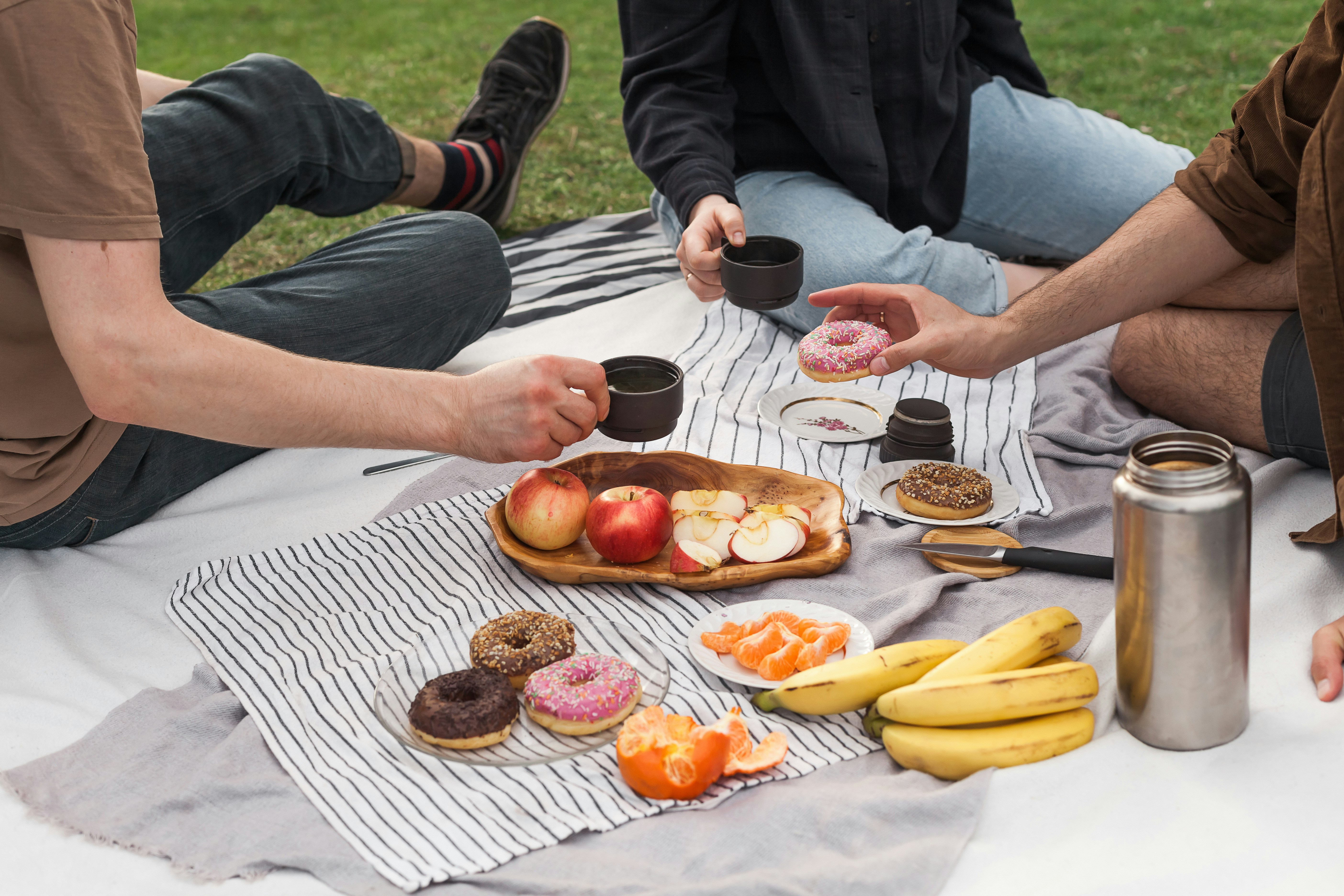 Friends having a picnic on a blanket, one raising a cup of tea